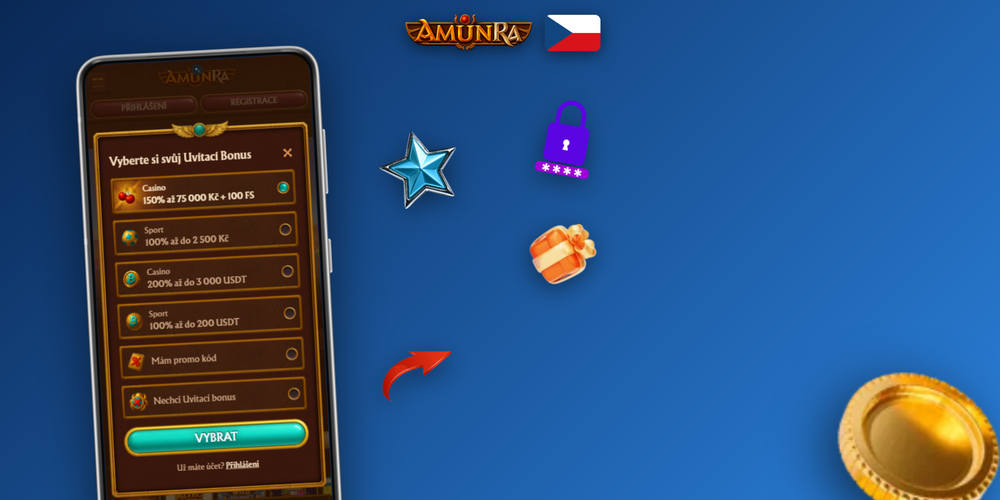 Infografika pěti kroků registrace v AmunRa Casino od formuláře až po první vklad