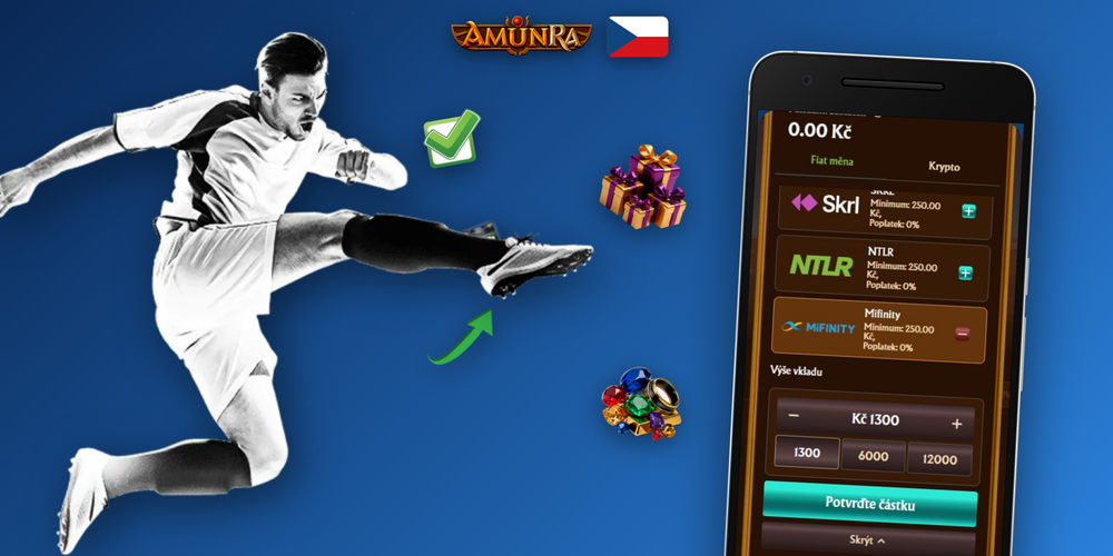Rozhraní pokladny AmunRa Casino s volbou metod vkladu a polem pro promo kód