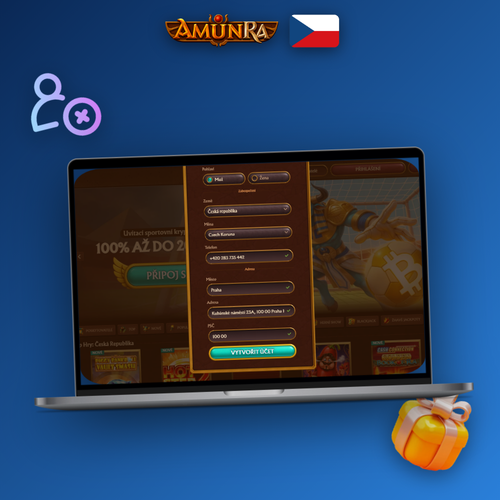 AmunRa Casino registrace na notebooku a mobilu s egyptskými zlatými akcenty